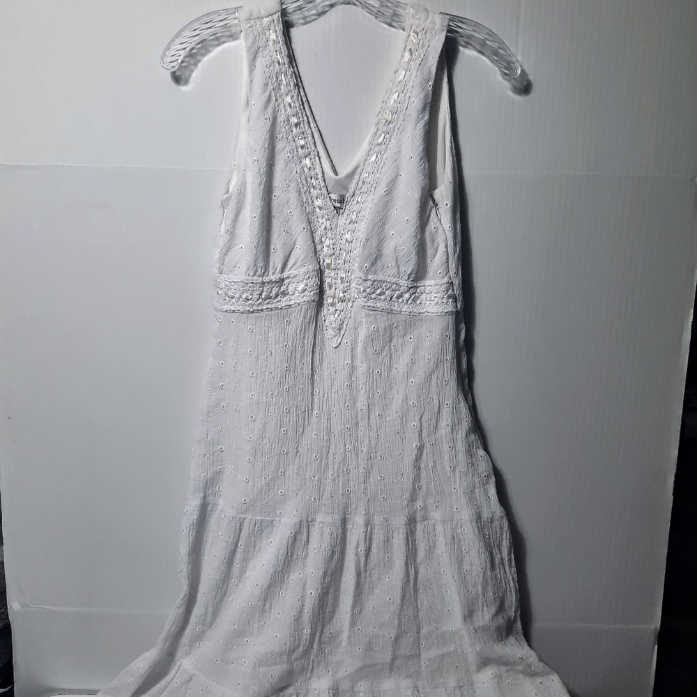 Dressbarn Womens Eyelet Crochet Sleeveless Midi White Dress Boho Beachy Flowy 14